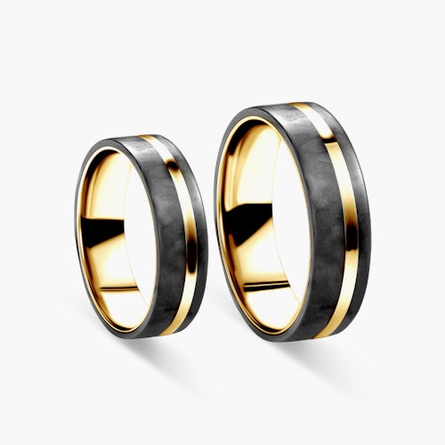Obrączki ślubne: carbon, złote, płaskie, 6 mm
